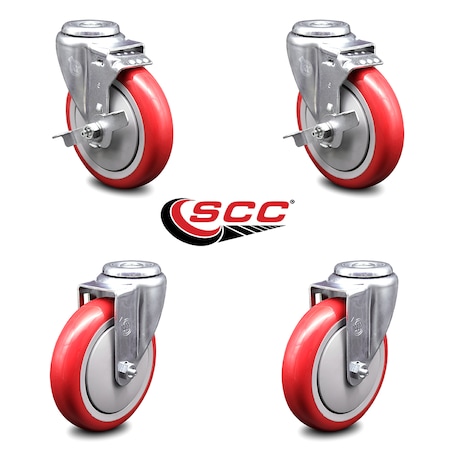 Service Caster 5 Inch Red Polyurethane Wheel Swivel Bolt Hole Caster Set with 2 Brake SCC SCC-BH20S514-PPUB-RED-TLB-2-S-2